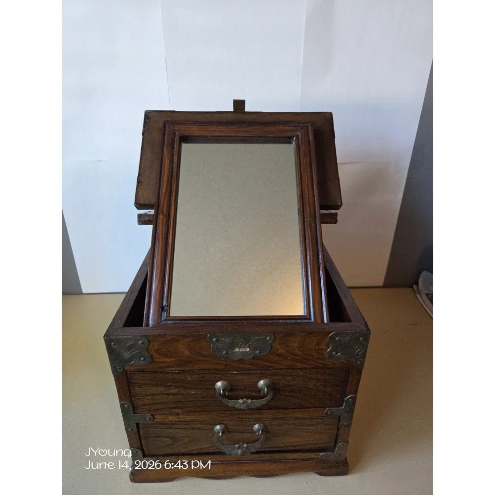 Vintage Antique Travel Jewelry Box Inlaid Mirror Floral Etched Brass Wood *READ*
